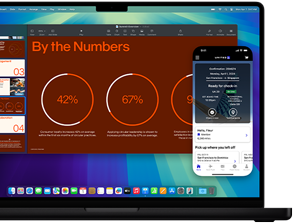 Demonstrating iPhone Mirroring, with iPhone display shown within MacBook Pro screen