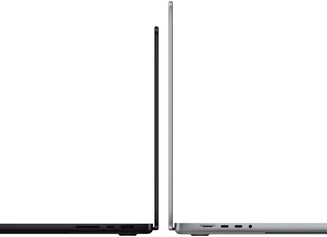 MacBook Pro 14-inch and 16-inch back to back, showing size difference and emphasizing the narrow profile