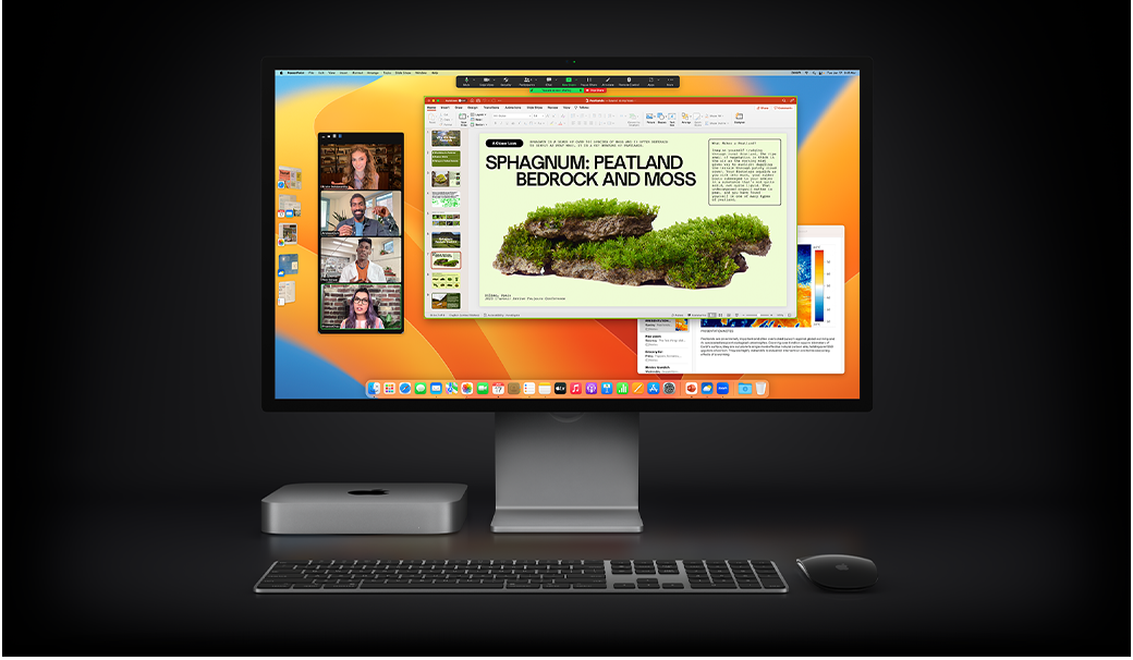 Mac mini with Magic Mouse, Magic Keyboard, and Studio Display showing a Microsoft PowerPoint presentation being shared in a Zoom meeting, with the Notes app in the background.